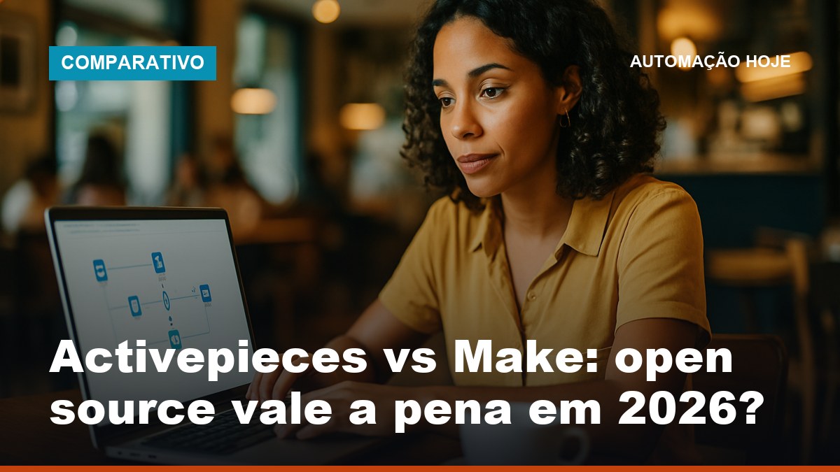 Empreendedora brasileira montando workflow de automação open source no laptop em café
