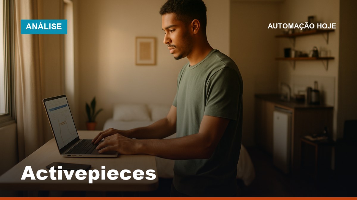 Jovem empreendedor brasileiro configurando fluxo de automação no Activepieces em home studio