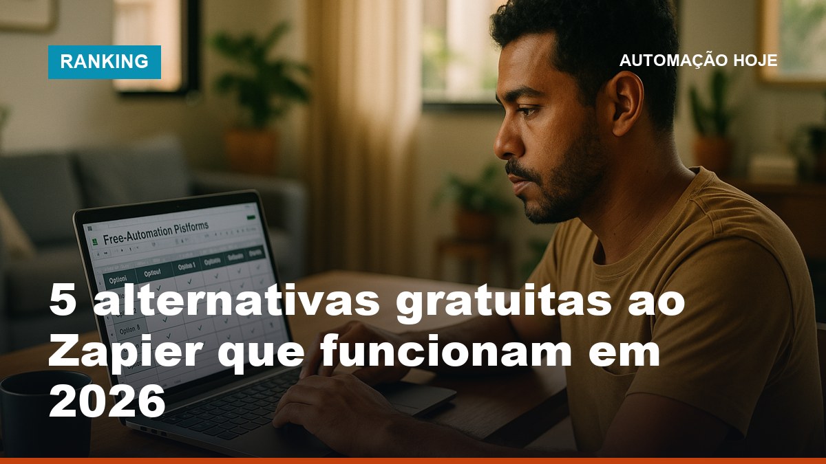 Solopreneur brasileiro comparando alternativas gratuitas ao Zapier em planilha no notebook em home office