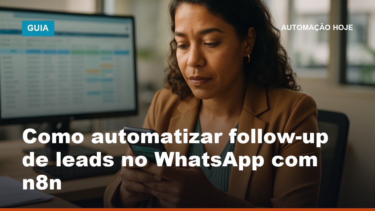 Vendedora brasileira revisando régua de follow-up automático no WhatsApp integrada ao n8n com CRM ao fundo