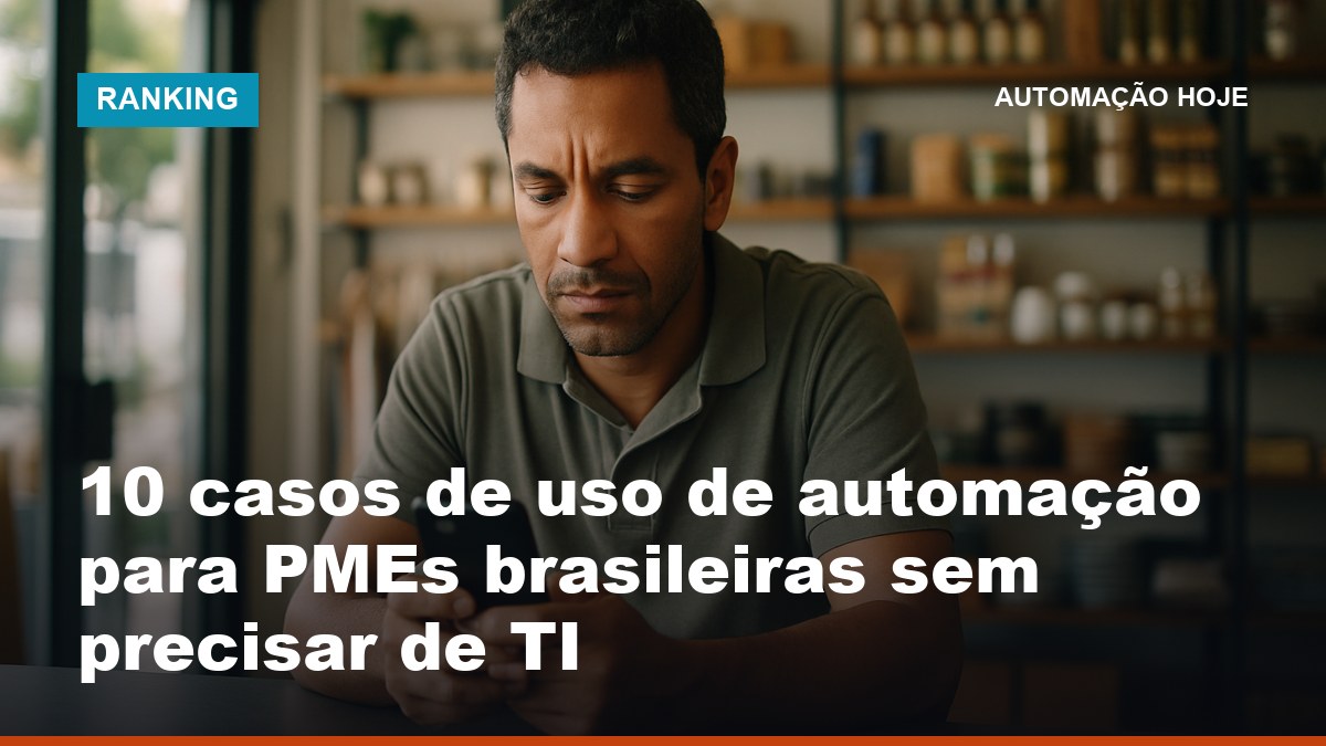 Dono de pequena empresa brasileira revisando notificações de automação no celular dentro da loja