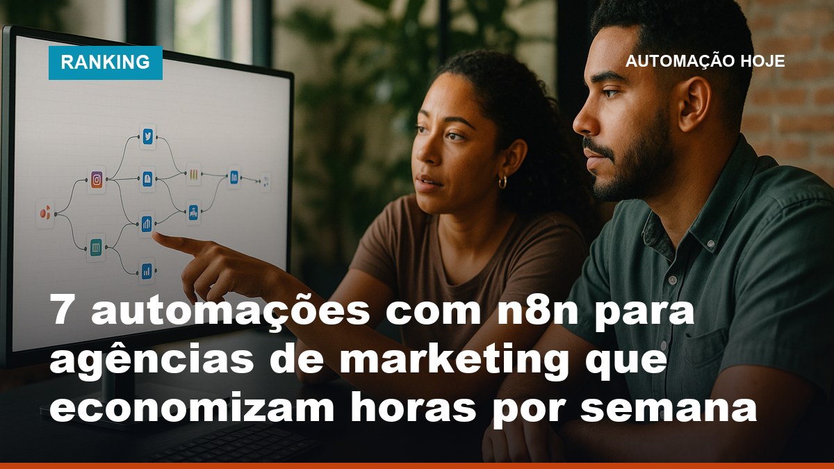 Equipe de agência de marketing brasileira revisando automações n8n no dashboard para economizar horas de trabalho