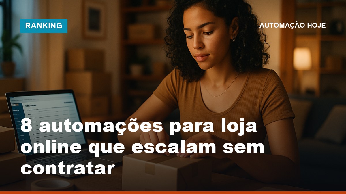 Empreendedora brasileira empacotando pedidos com dashboard de e-commerce automatizado visível no laptop