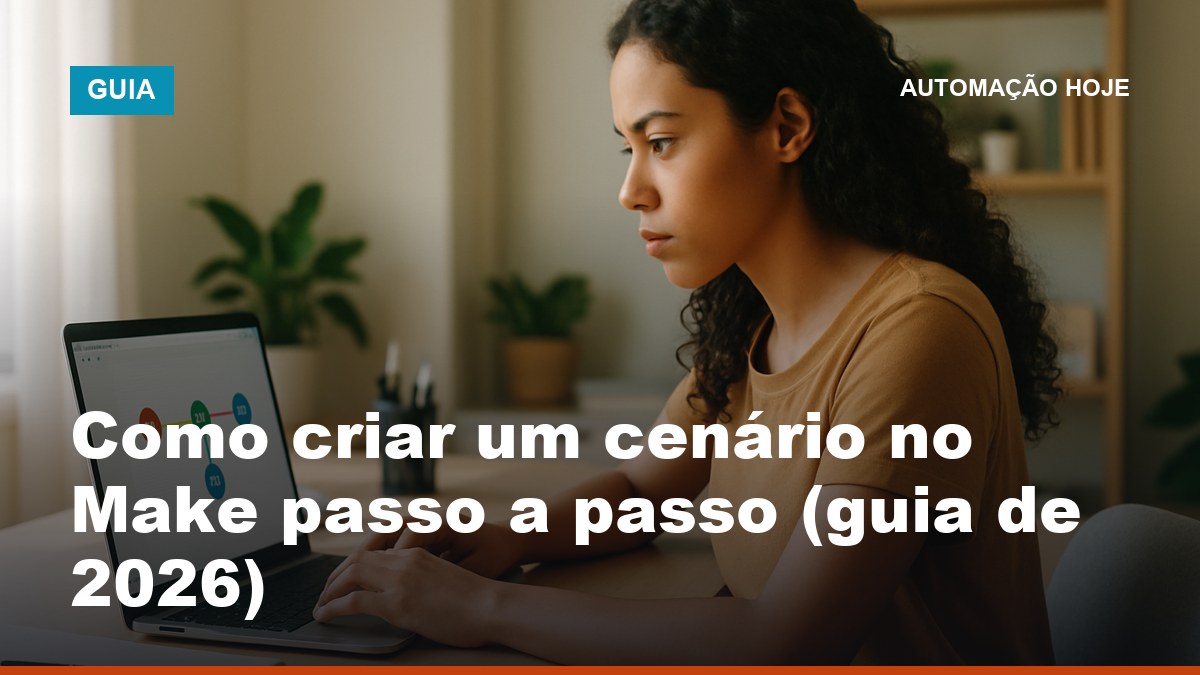 Pessoa criando um cenário no Make passo a passo em um notebook, conectando módulos no construtor visual