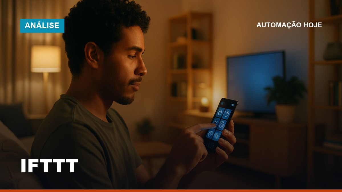 Pessoa brasileira controlando dispositivos de casa inteligente via IFTTT em sala moderna