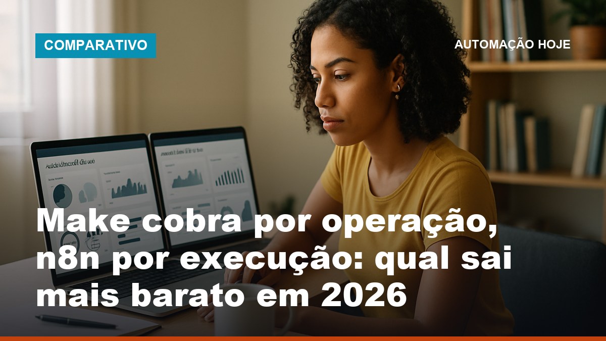 Empreendedora brasileira compara preço do Make por operação e do n8n por execução na tela do notebook