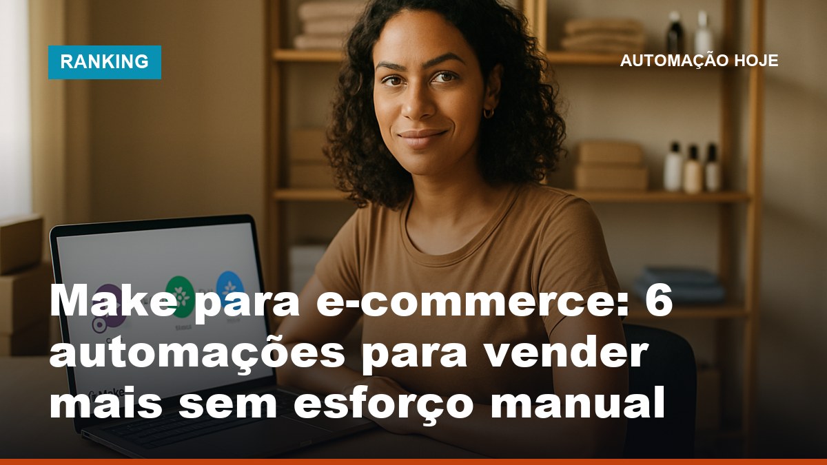 Empreendedora brasileira de e-commerce configurando automação no Make no laptop com produtos na prateleira ao fundo