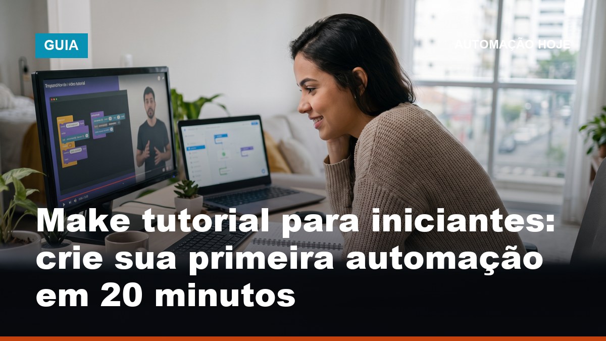 Iniciante brasileira seguindo tutorial do Make para criar primeira automação no laptop em casa