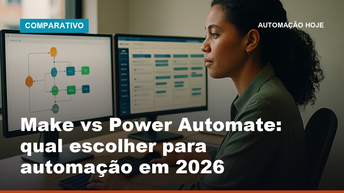 Profissional comparando Make vs Power Automate em dois monitores num escritório