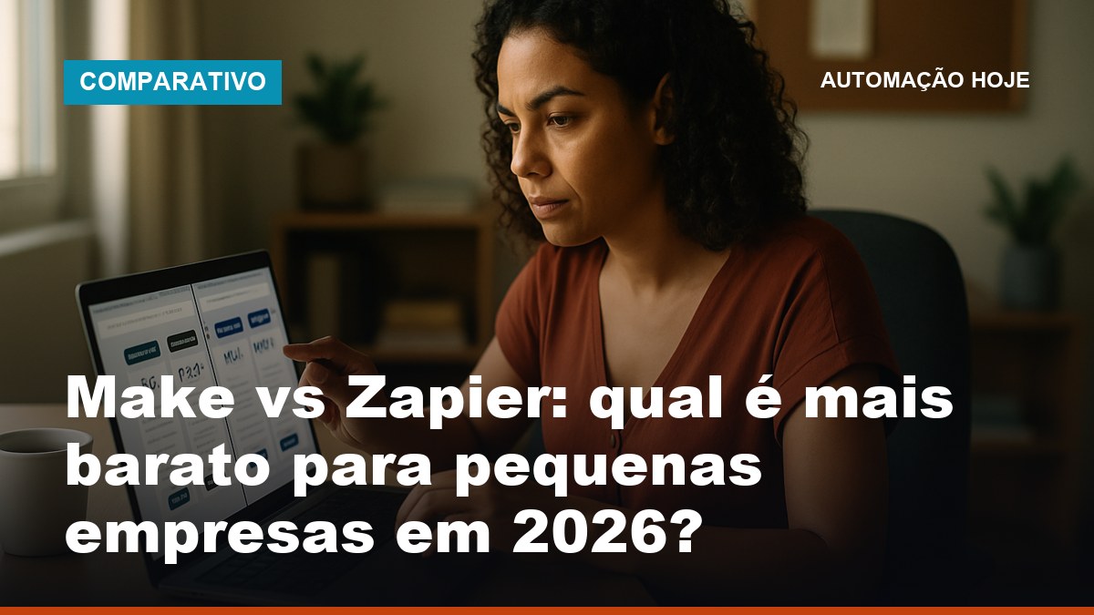 Empreendedora brasileira comparando preços de Make e Zapier no laptop em escritório iluminado naturalmente