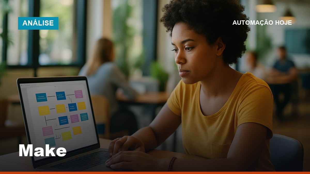 Profissional brasileira trabalhando com cenário de automação no Make em coworking moderno