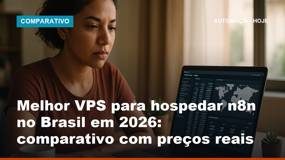 Profissional brasileira escolhendo a melhor VPS para hospedar n8n no Brasil em laptop com painel de servidor