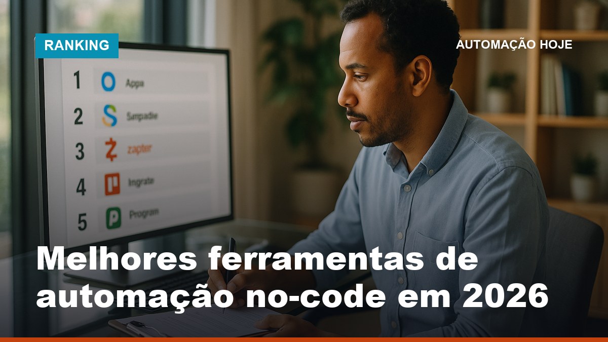 Consultora brasileira avaliando as melhores ferramentas de automação no-code em monitor com lista rankeada