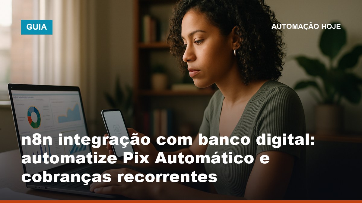 Empresária configurando integração n8n com banco digital para cobrança Pix Automático no notebook