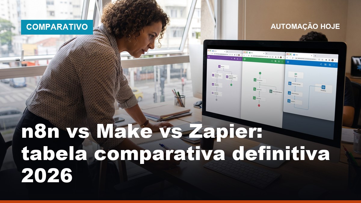 Empreendedor brasileiro comparando n8n vs Make vs Zapier em monitor com três abas abertas lado a lado