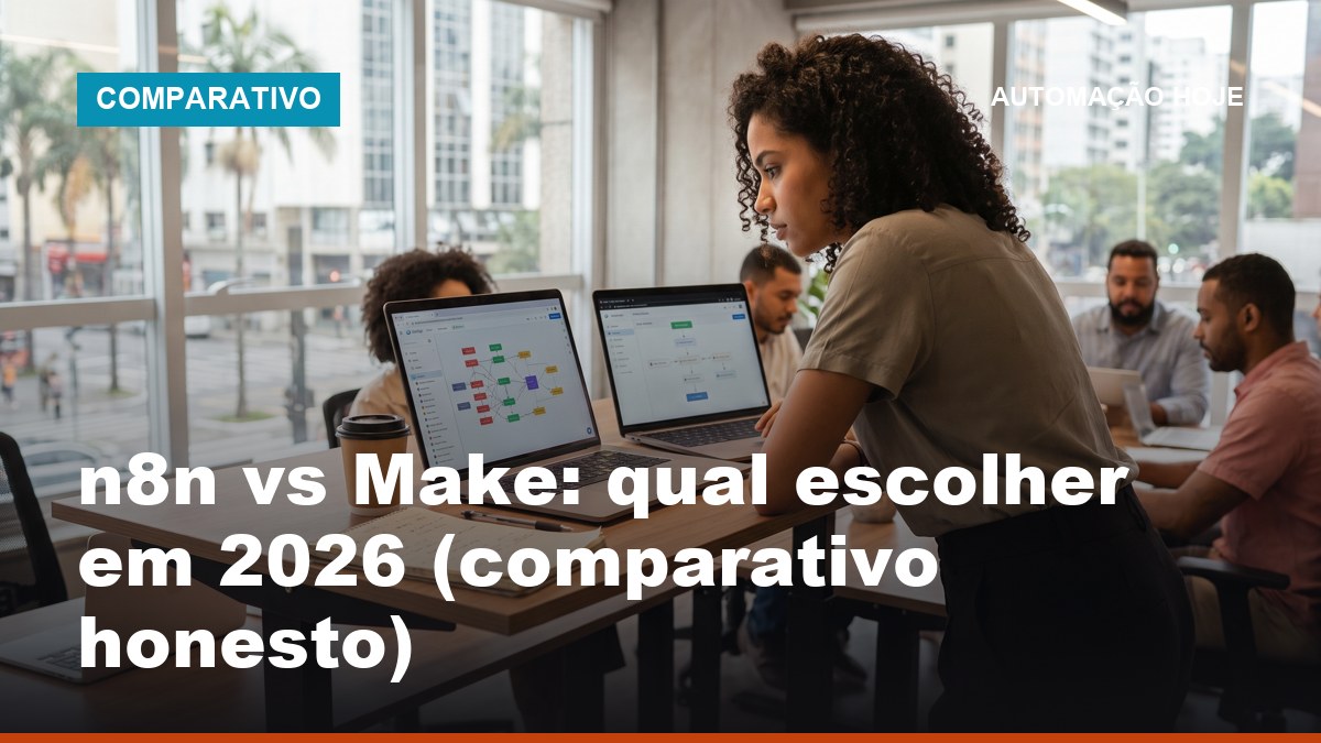 Profissional brasileiro avaliando n8n vs Make em dois notebooks com editores de automação abertos