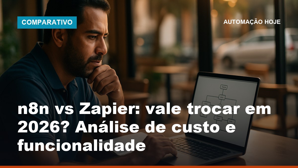 Empreendedor brasileiro analisando fluxo de automação n8n no laptop em café com luz natural
