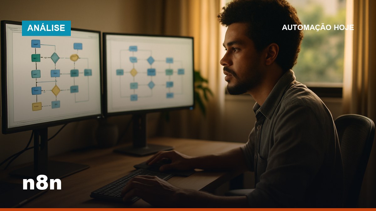 Engenheiro brasileiro configurando fluxo de automação no n8n em home office moderno