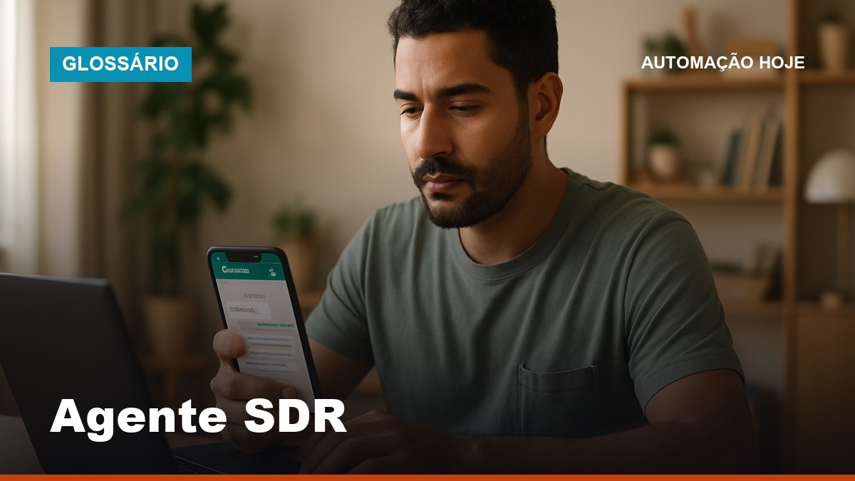 Empreendedor brasileiro observando agente SDR respondendo leads automaticamente no WhatsApp enquanto trabalha