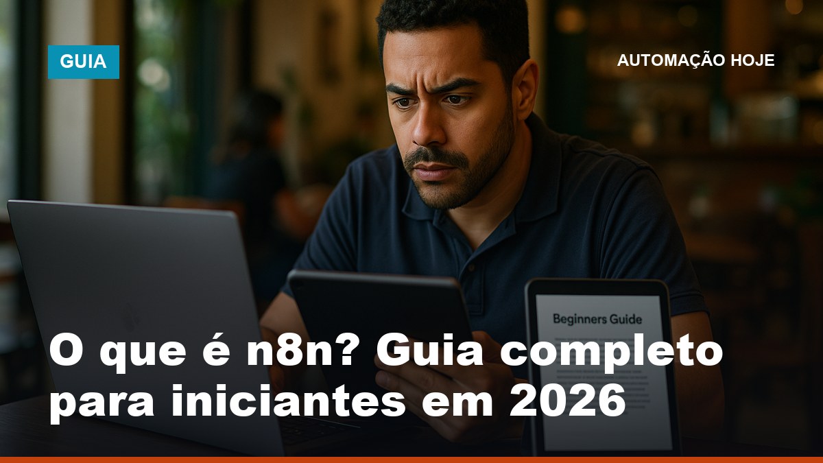 Iniciante brasileiro descobrindo o que é n8n pelo editor visual no notebook em café, seguindo guia completo