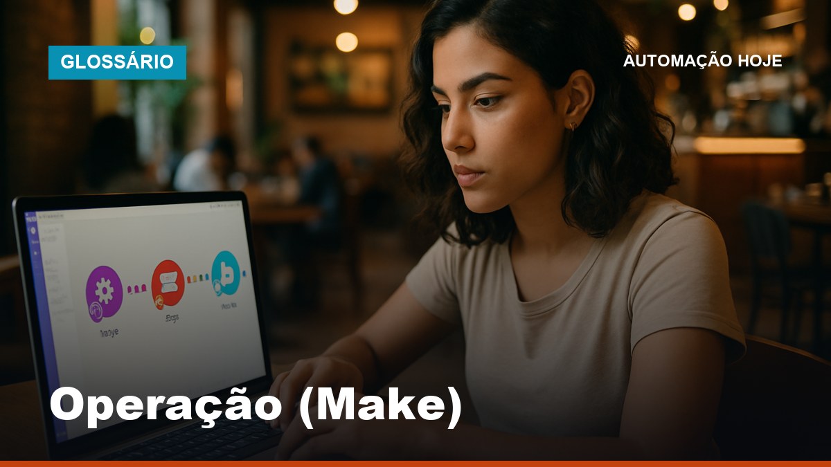 Freelancer brasileira analisando contagem de operações de cenário no Make em café com laptop