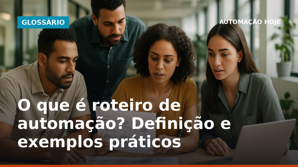 Equipe brasileira analisando roteiro de automação com planilhas e laptop em ambiente de trabalho