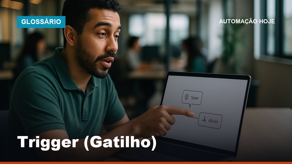 Profissional de TI brasileiro explicando conceito de trigger e ação em diagrama de workflow no laptop