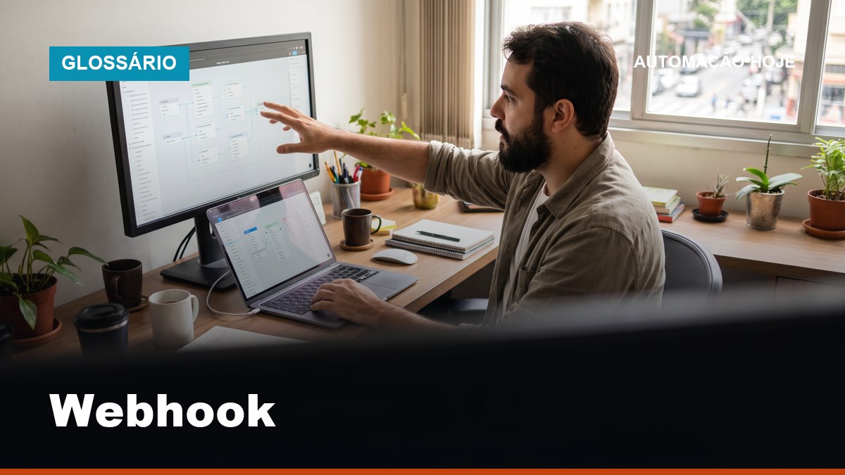 Desenvolvedor brasileiro explicando o que é webhook com diagrama de integração entre sistemas na tela