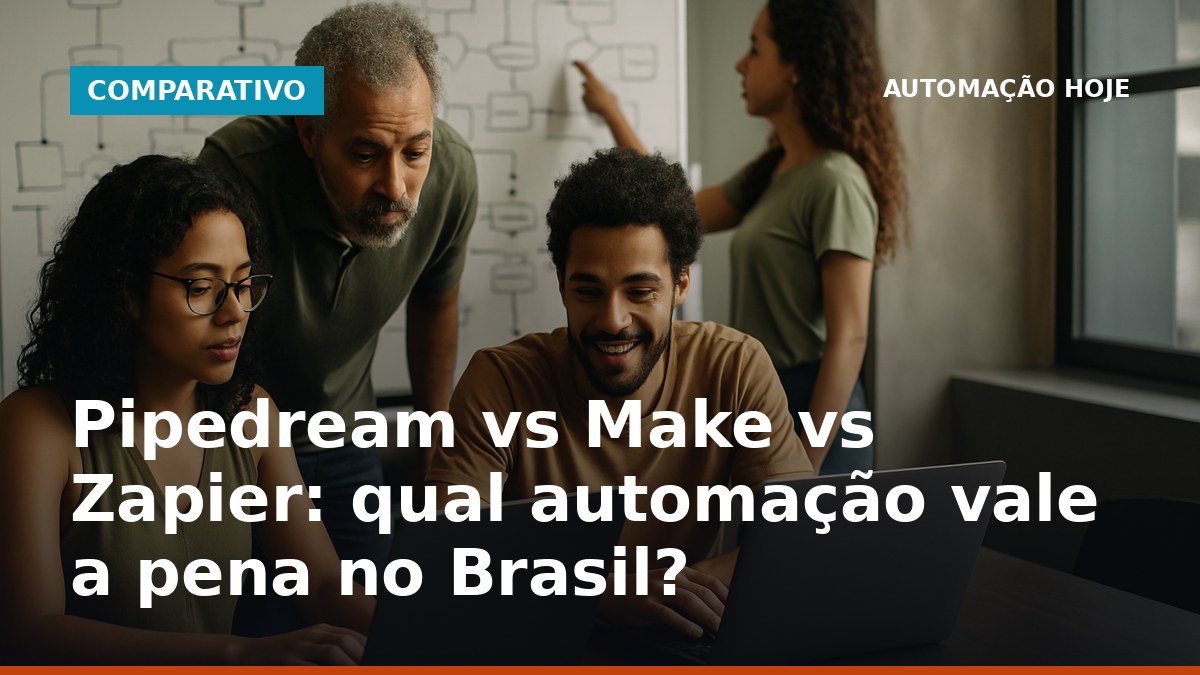 Equipe de tecnologia brasileira discutindo automação entre Pipedream, Make e Zapier em ambiente profissional