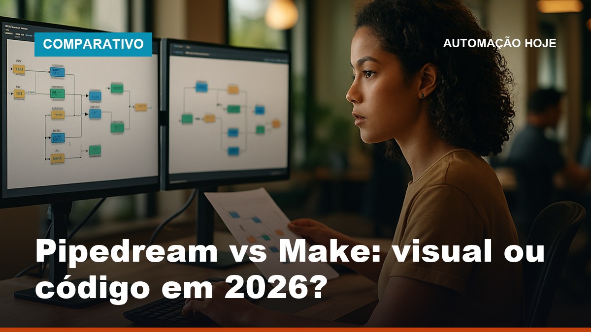 Desenvolvedora brasileira comparando interfaces de automação Pipedream e Make em monitores duplos
