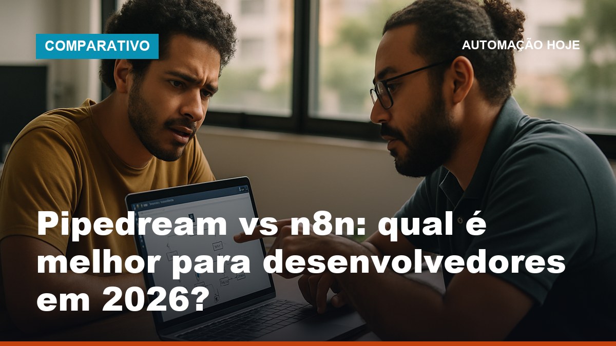 Desenvolvedores brasileiros comparando Pipedream vs n8n em editor de workflows de automação no notebook