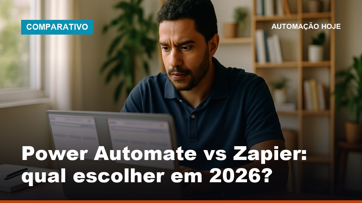 Empreendedor brasileiro comparando Power Automate e Zapier no laptop em escritório iluminado