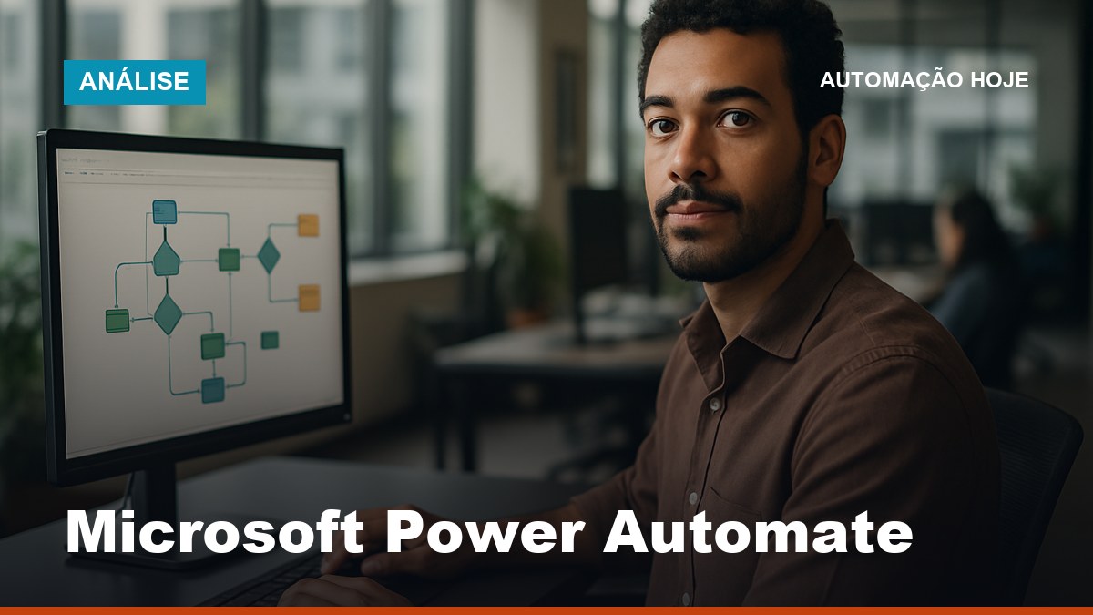 Profissional corporativo brasileiro configurando automação no Power Automate em escritório moderno