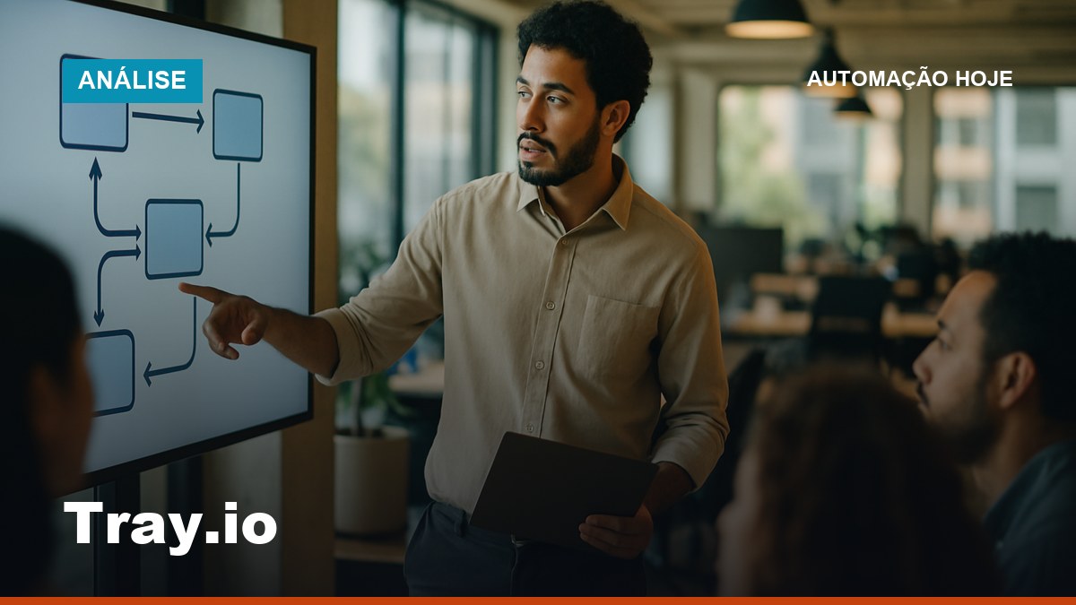 Gerente de produto brasileiro apresentando fluxo de integração no Tray.io para equipe em escritório moderno