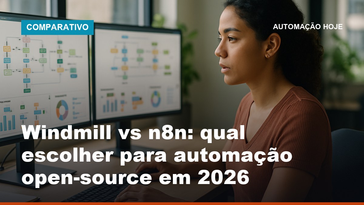 Desenvolvedora comparando Windmill vs n8n para automação open-source em dois monitores