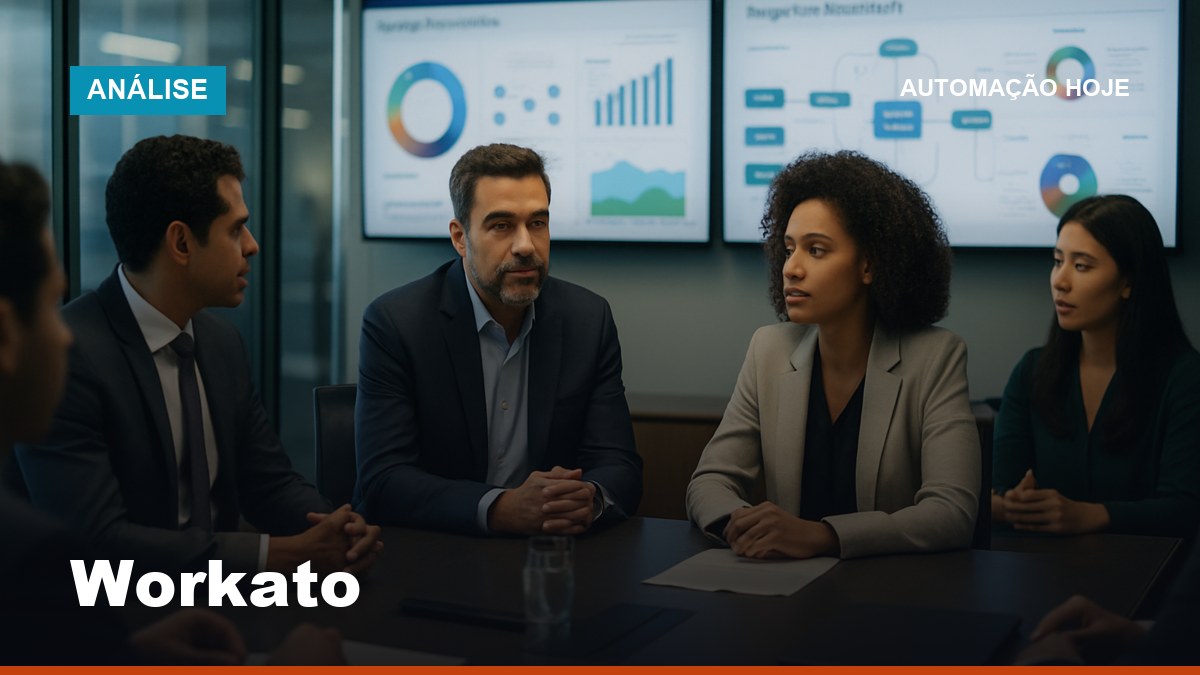 Equipe executiva brasileira revisando dashboards de integração corporativa Workato em sala de reunião