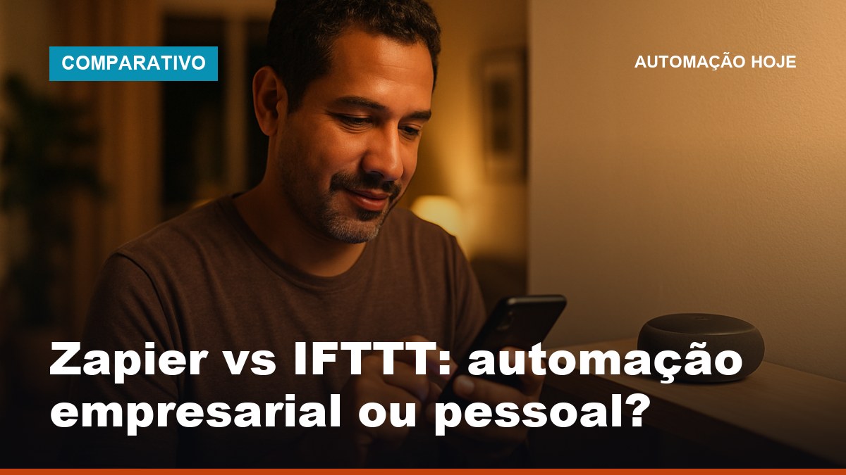 Empreendedor brasileiro verificando automações no celular ao lado de dispositivo de casa inteligente