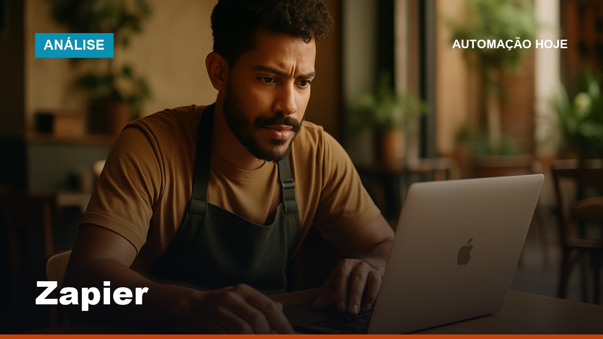 Empreendedor brasileiro configurando automatização no Zapier em um café iluminado